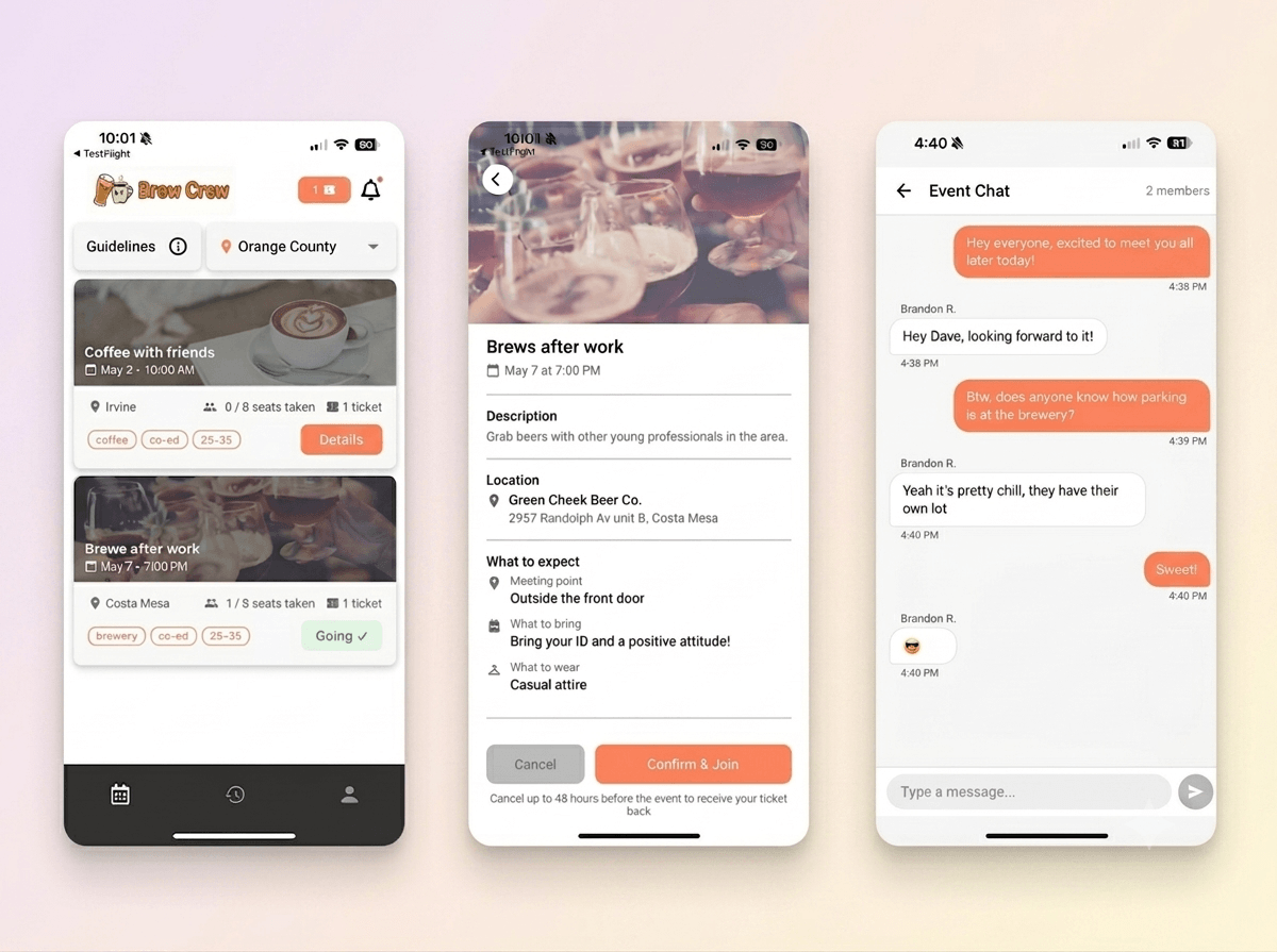 Brew Crew: core event flow and messaging screens