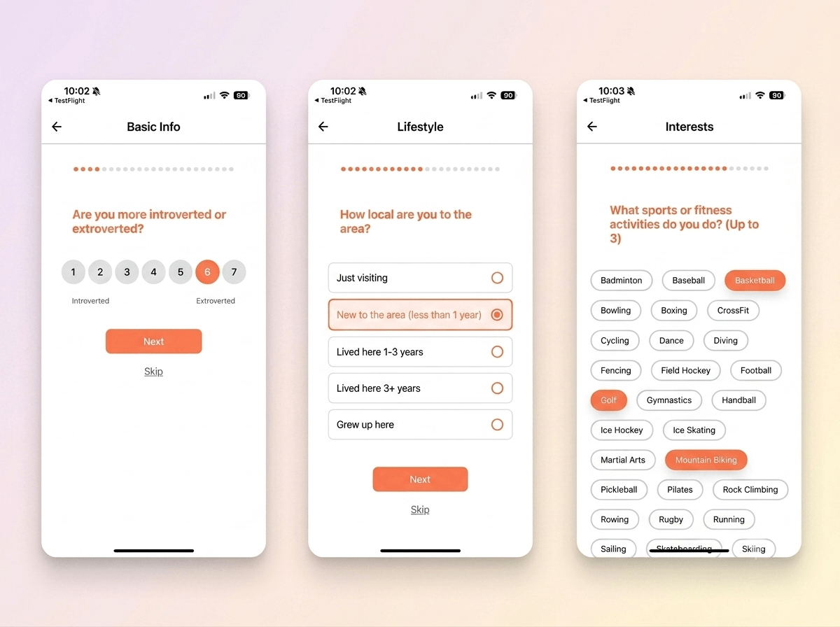 Brew Crew: onboarding survey questionnaire screens
