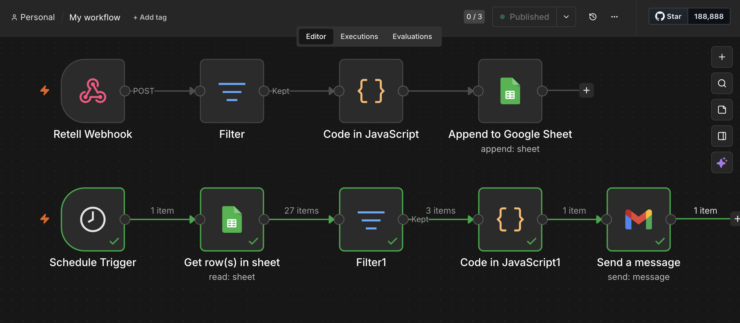 Automation workflow from caller through Retell voice agent, n8n orchestration, Google Sheet log, and morning digest email to the front desk